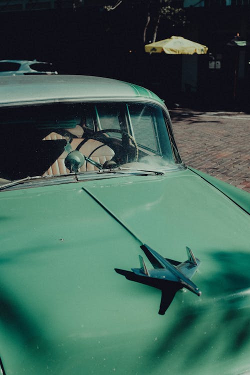 Close-up Shot of Green Vintage Car