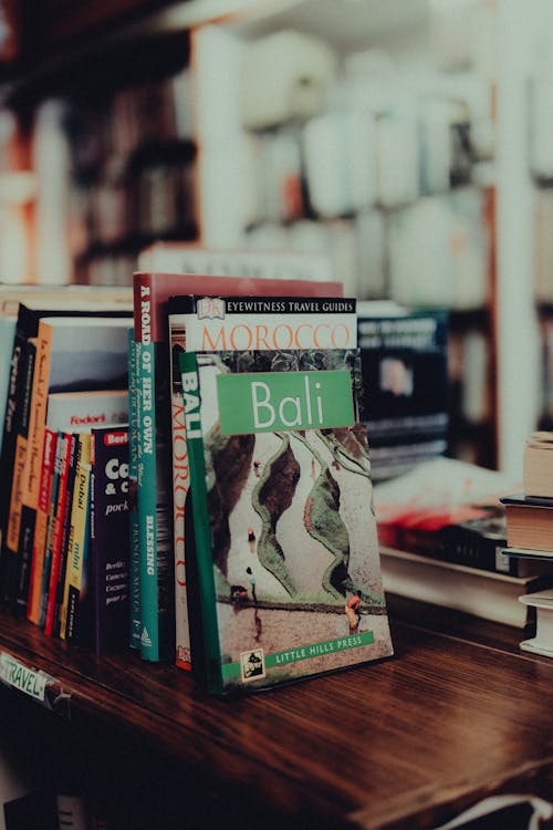 Shelf with Travel Books in a Bookstore