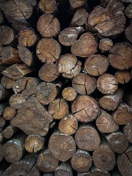 Detailed close-up of stacked firewood in Linha Imperial, RS, Brazil, showcasing texture and natural patterns.