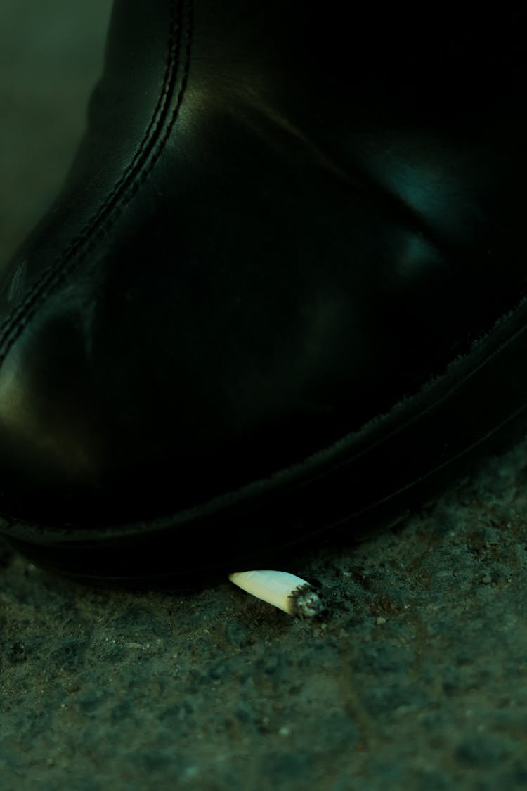 Black Shoe Stepping On A Cigarette Butt