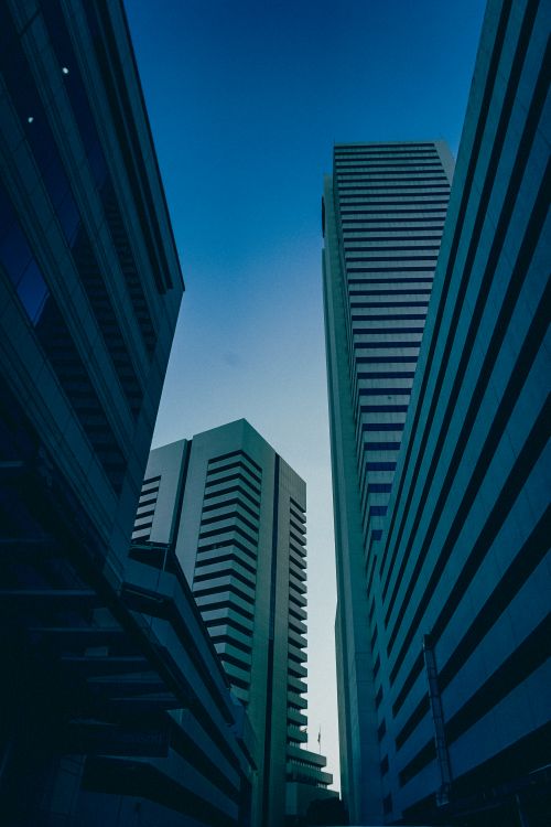 Free Vertical shot of urban skyscrapers against a clear evening sky, emphasizing architecture's grandeur. Stock Photo