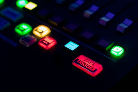 Close-up of a vibrant console control panel with illuminated buttons, ideal for technology themes.