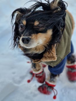 Adorable small dog wearing winter coat and boots on a snowy day, capturing cold weather fashion for pets.