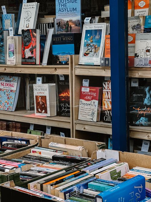 Free Explore a wide range of books neatly organized on shelves in a book store setting. Stock Photo