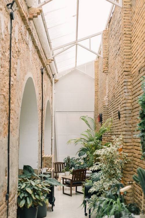 Free A modern café interior with rustic brick walls and abundant greenery. Stock Photo