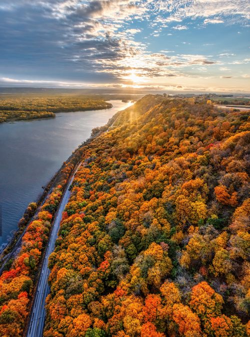 Free Breathtaking aerial shot of Reads Landing, MN, showcasing vibrant fall foliage and scenic river landscape. Stock Photo