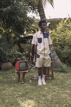 A man in vintage attire stands outdoors with a retro TV beside a palm tree.