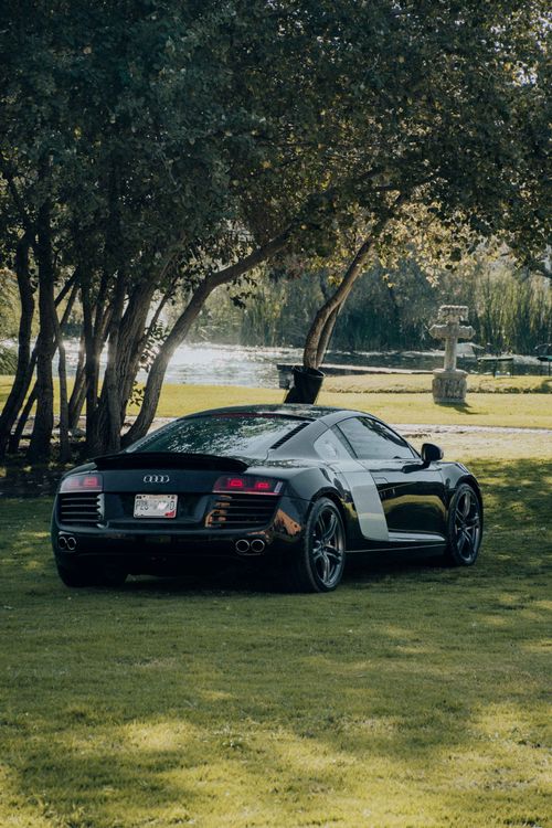 Free Sleek black Audi R8 sports car parked on grass beside a tranquil lake surrounded by trees. Stock Photo
