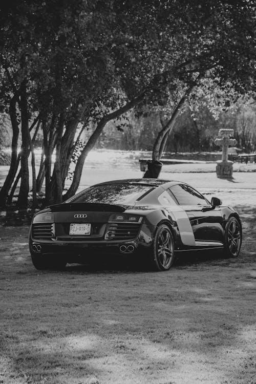 Black and White Photo of an Audi R8 Parked on Grass