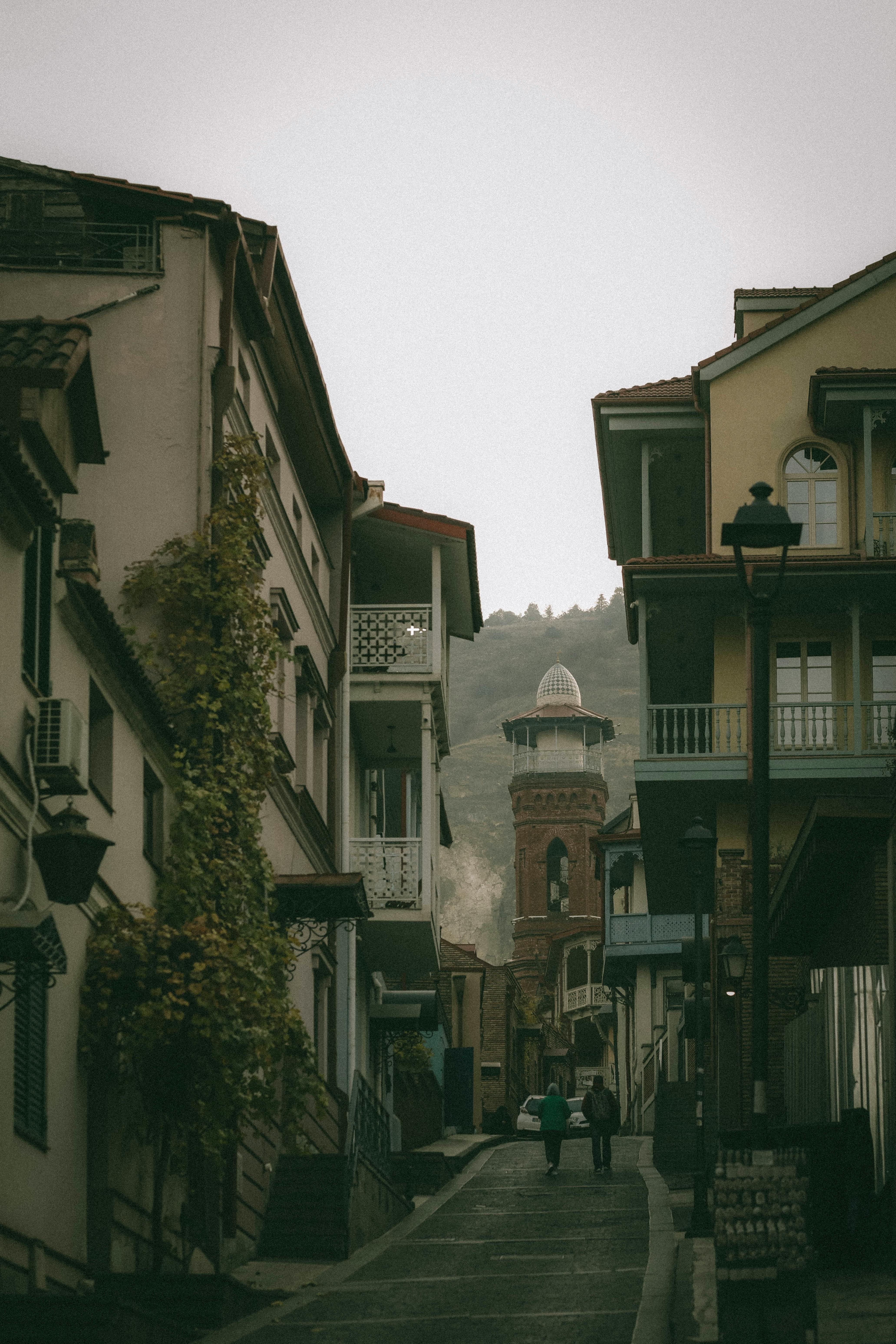 Picturesque alleyway in Tbilisi featuring traditional architecture and distant hills.