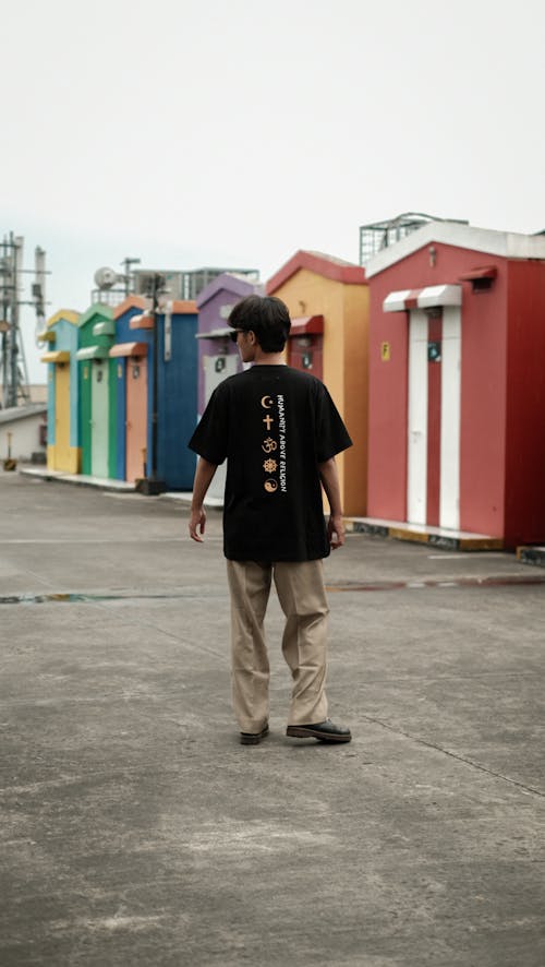 Back View of a Man Wearing a T-Shirt and Pants 