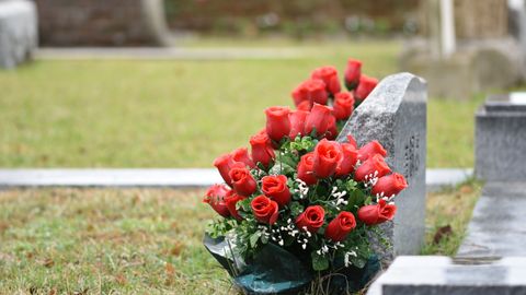 Beautiful red roses placed on a tombstone, symbolizing love and remembrance in a cemetery setting.