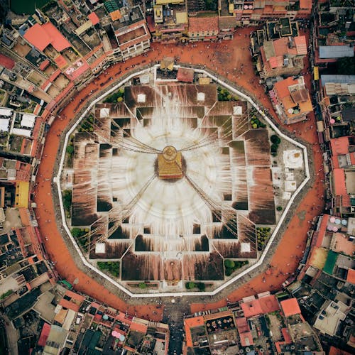 Free Bird's Eye View of Boudhanath Stupa Buddhist Temple in Kathmandu Nepal Stock Photo