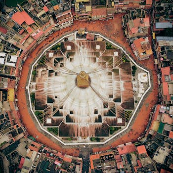 Stunning aerial shot of the iconic Boudhanath Stupa in Kathmandu, Nepal, showcasing its architectural beauty.