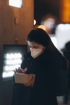 A woman in a face mask interacts with a smartphone at night, emphasizing technology use and health precautions.