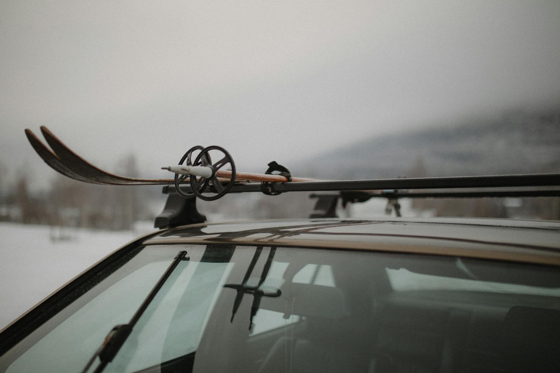 Skis Attached to a Car Roof