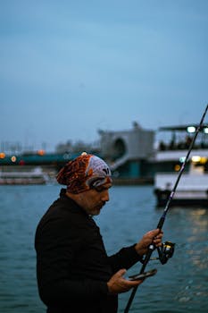 Man in a harbor fishing with a rod, checking his smartphone as boats pass in the background.