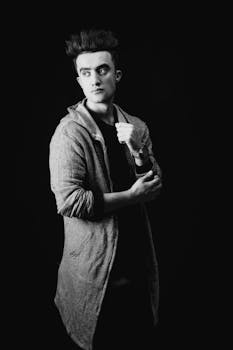 一位时尚男子身着羊毛衫，摆出严肃姿势的黑白肖像