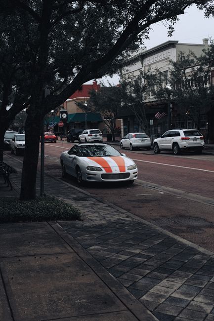 Fotomural Una vibrante vista urbana con coches aparcados, árboles y acera en un entorno urbano.