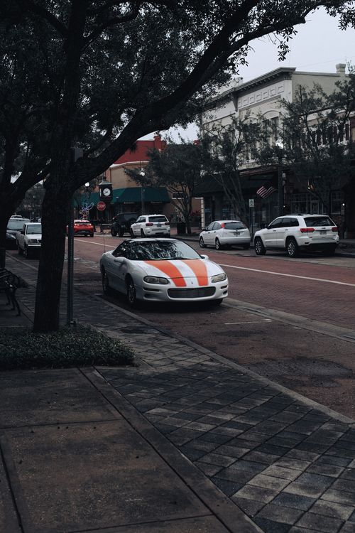 Free A vibrant urban street view with parked cars, trees, and sidewalk in a city setting. Stock Photo