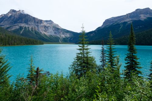 Free Tranquil turquoise lake surrounded by majestic mountains and lush forests. Stock Photo