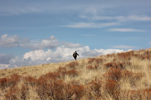 A solitary hiker with a backpack traversing a grassy field under a bright blue sky with clouds.