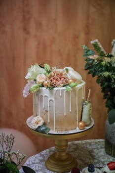 Beautiful celebration cake with floral decorations and white drips on a table setting.