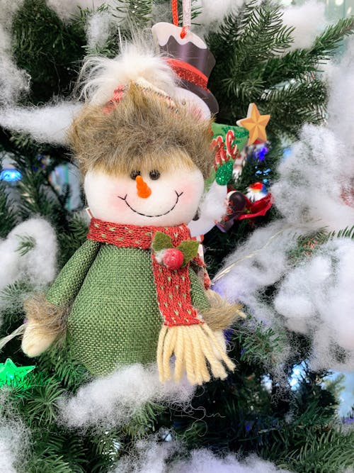 Close-up of a Snowman Decoration on a Christmas Tree