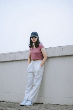 A fashionable woman in casual clothes and sunglasses poses against an outdoor wall.
