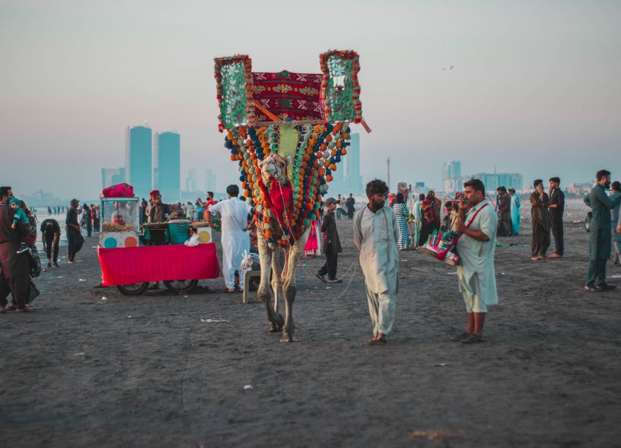 Vibrant cultural scene with a decorated camel and crowd on a busy beach with city skyline.