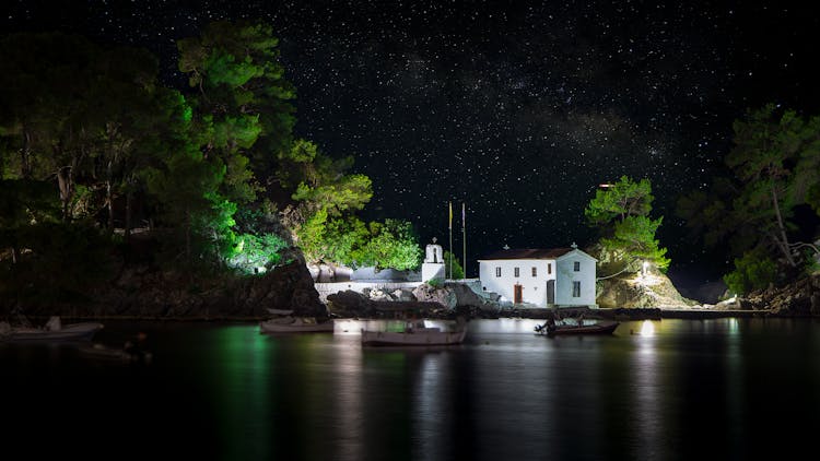 View Of The Church On Panagia Island In Parga, Greece At Night 