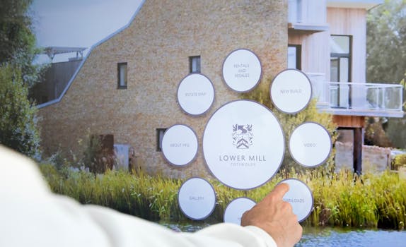 Close-up of a hand interacting with a real estate touchscreen display featuring Lower Mill Cotswolds.