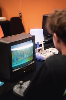 A retro gaming scene with an old CRT TV displaying vintage video games.