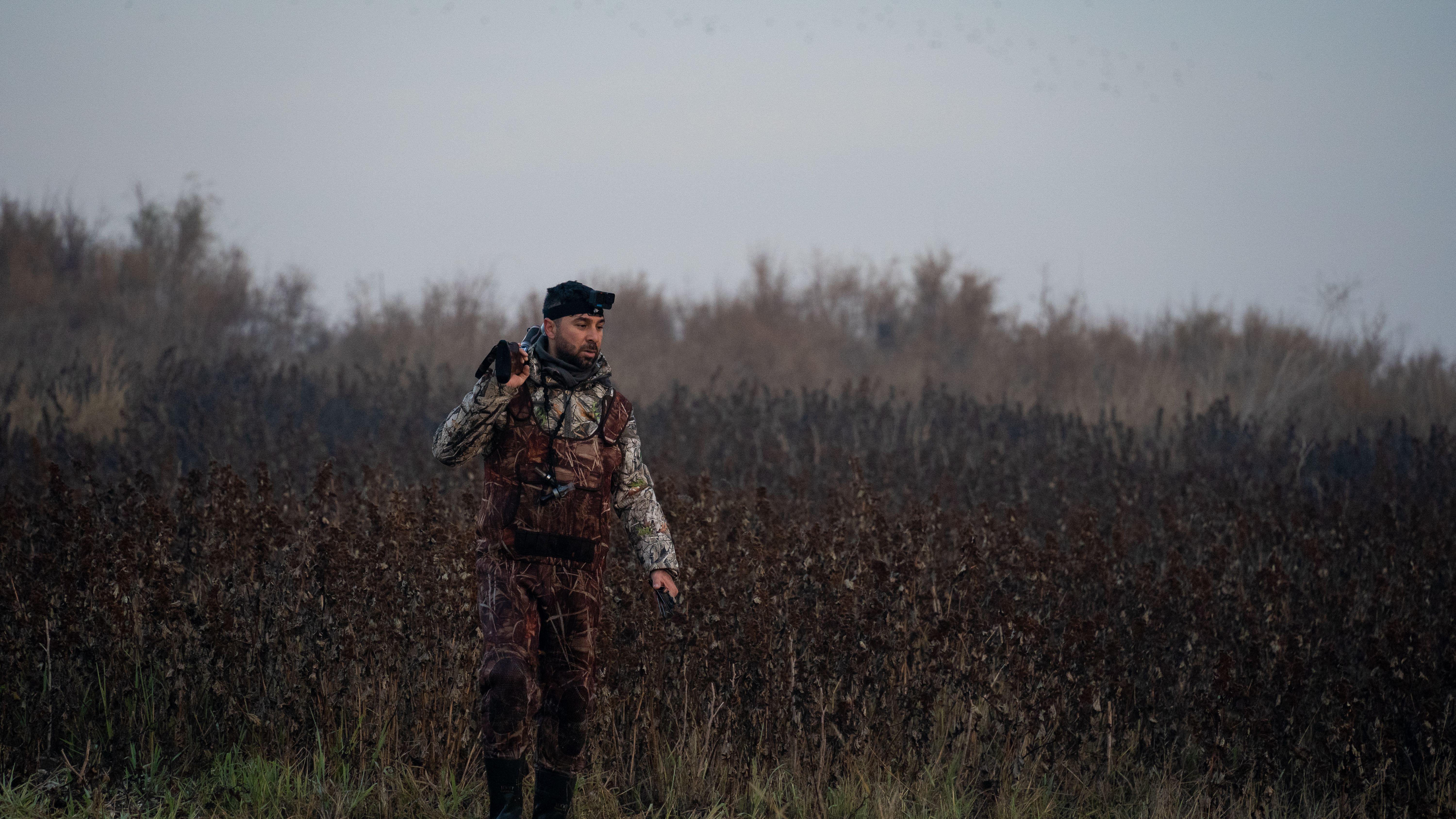 Man Wearing Camouflage Clothing Standing in a Terrain with Brown Grass ...