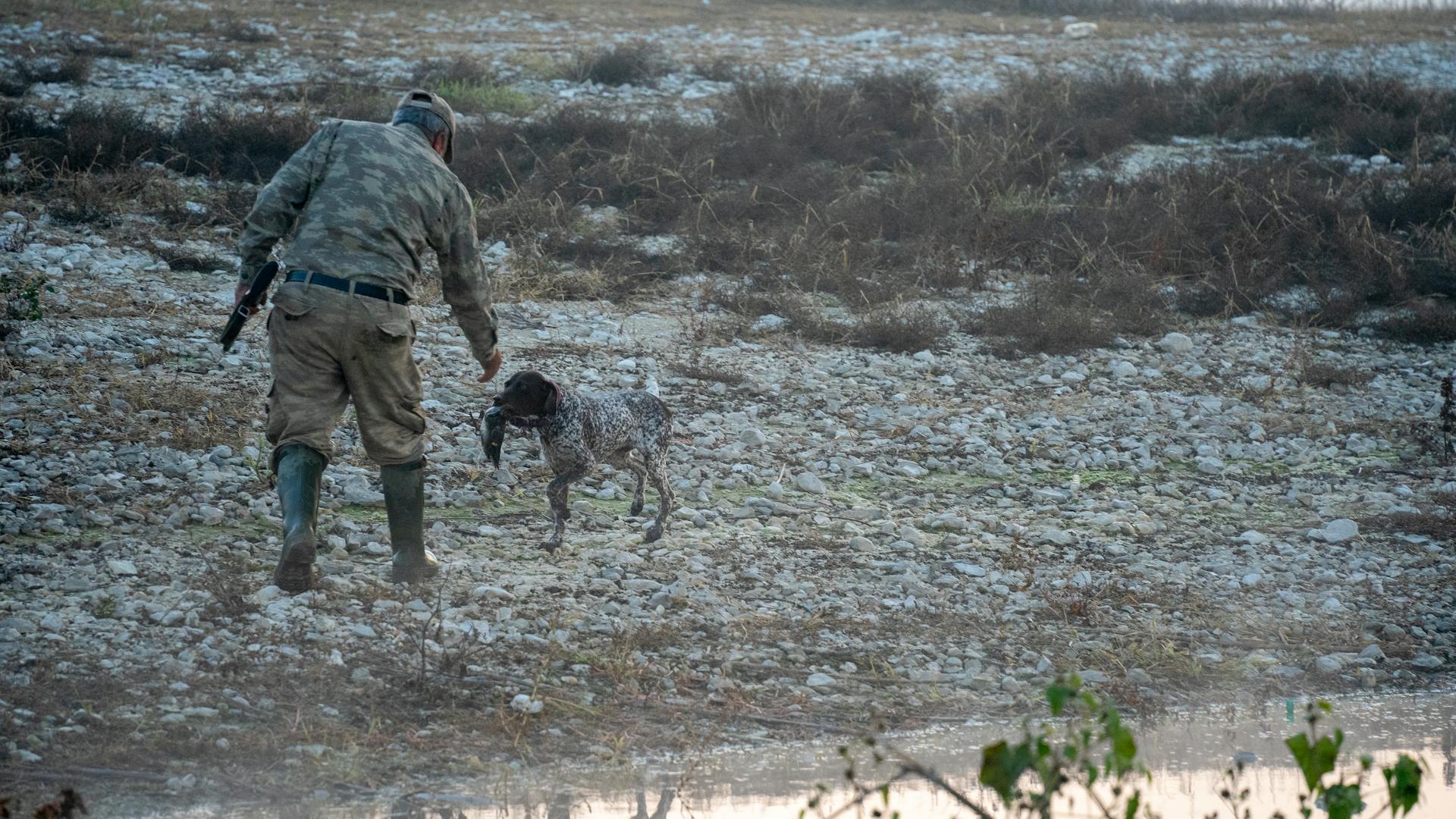 Un chasseur avec un chien de chasse