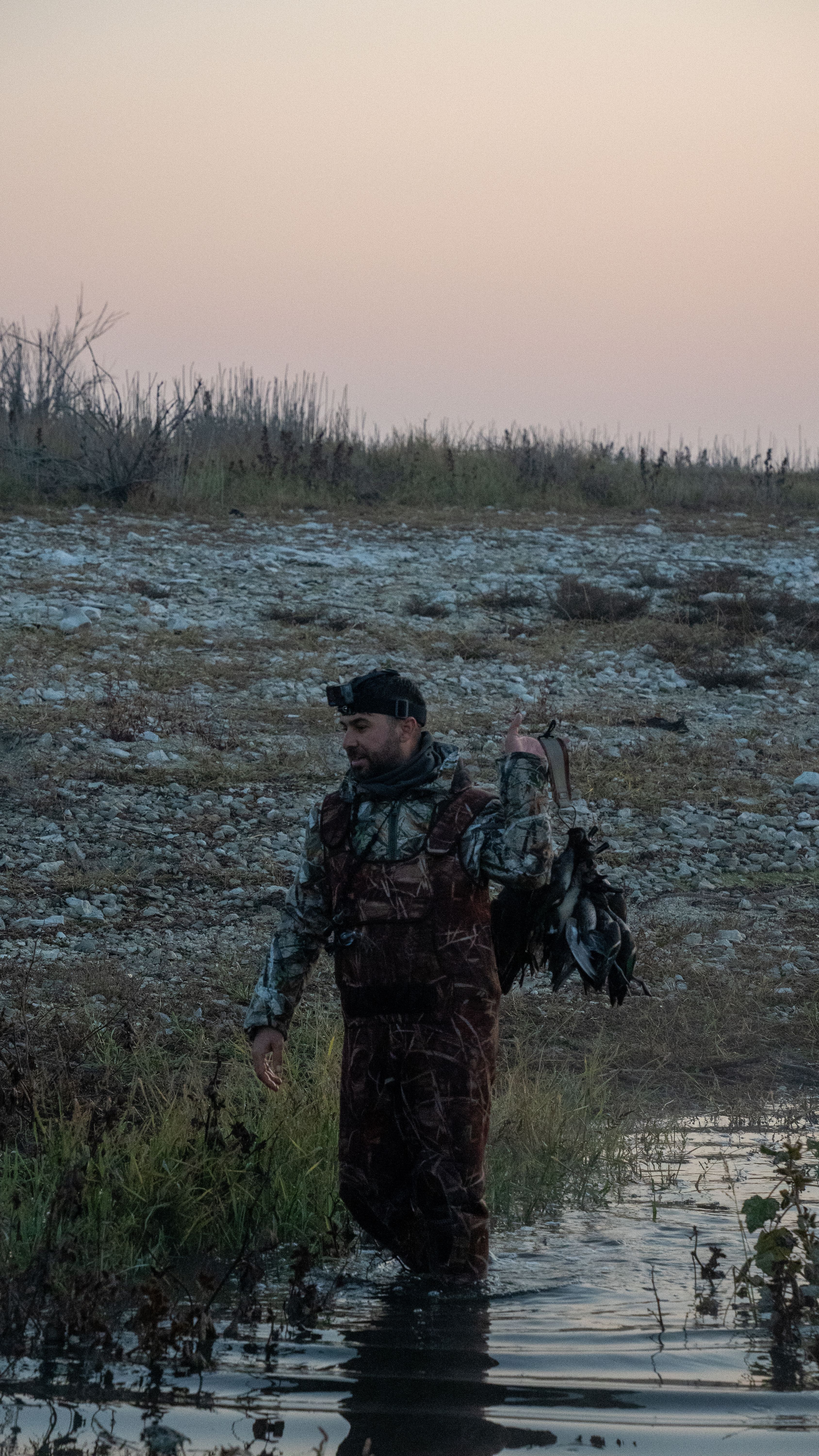 A man in camouflage standing in water at lakeshore during dusk, holding a duck.