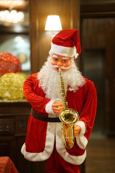 Santa Claus figurine in a festive setting playing a saxophone, embodying holiday cheer.