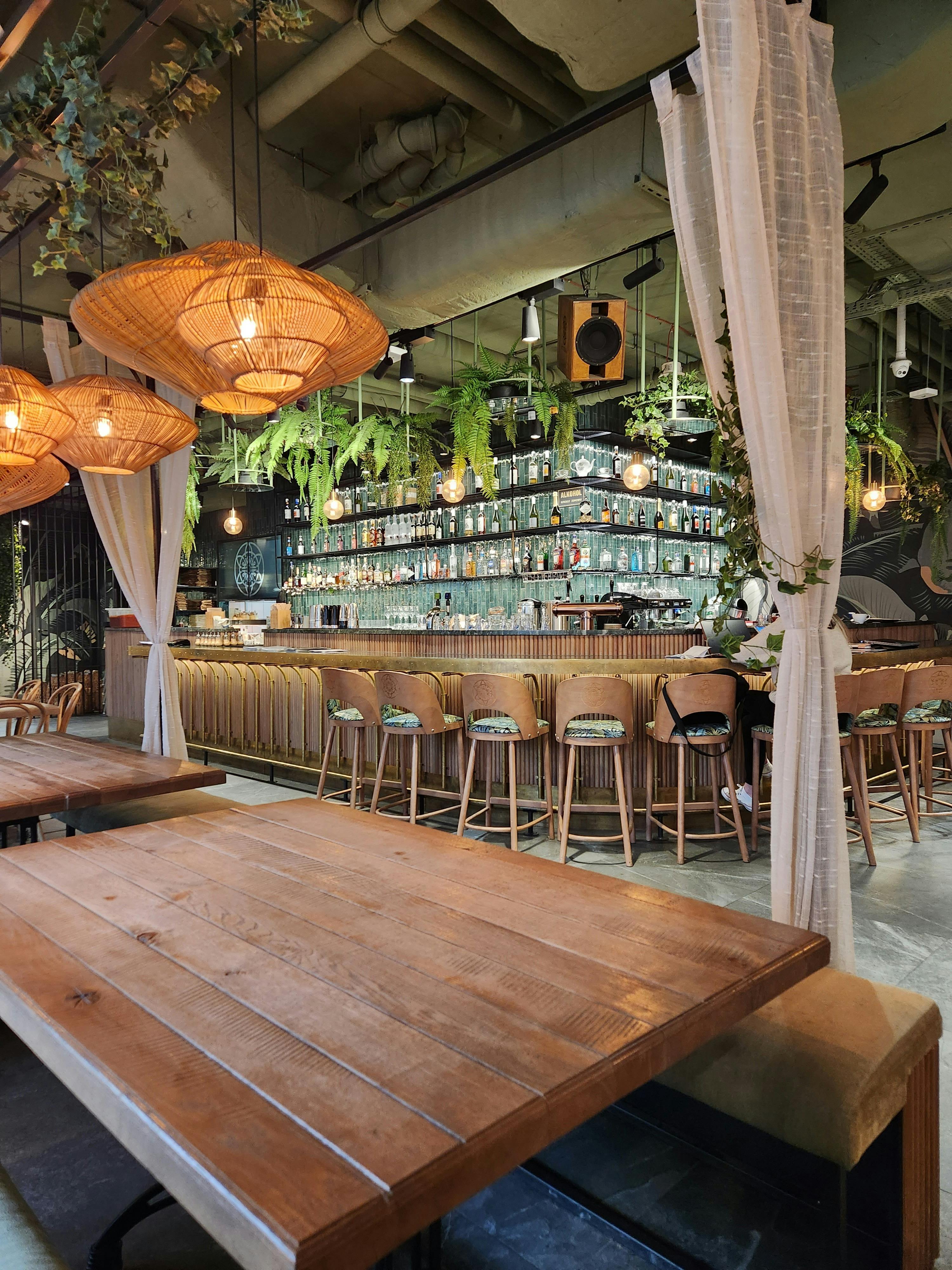 Stylish bistro with wooden tables, lush greenery, and contemporary lighting.