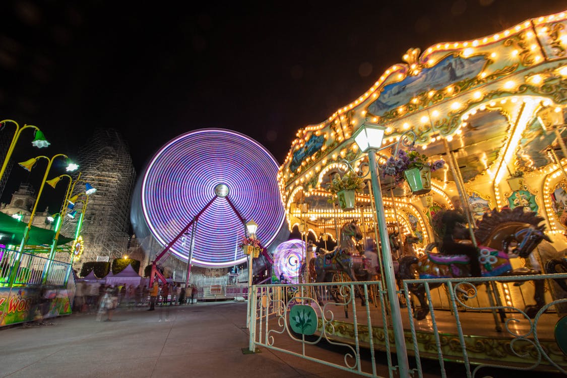 Illuminated Amusement Park at Night
