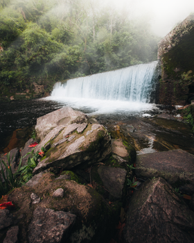 Peaceful waterfall in a misty, lush forest setting, ideal for nature enthusiasts and tranquil outdoor scenery seekers.