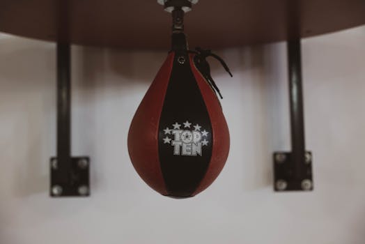 A detailed close-up of a hanging speedbag in a gym, ideal for boxing enthusiasts.