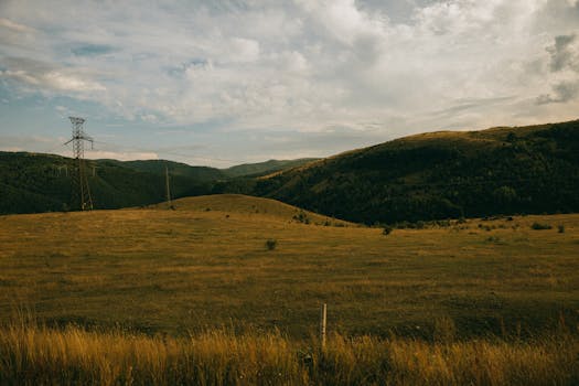 Peaceful rural meadow with electric towers and rolling hills under a cloudy sky.