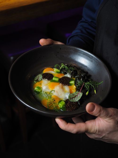 Free Close-up of a chef holding a gourmet dish with egg yolk and caviar. Stock Photo