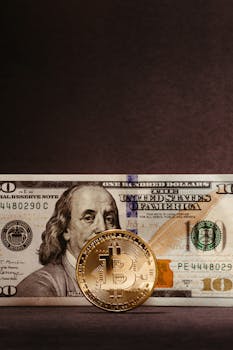 Golden Bitcoin coin against a US dollar bill, highlighting cryptocurrency's relation to traditional currency.