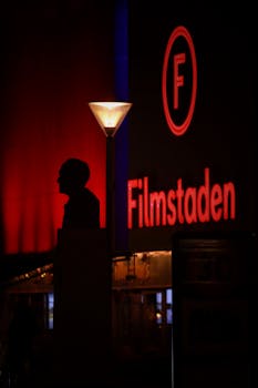 A man's silhouette in front of the illuminated Filmstaden theater sign at night.