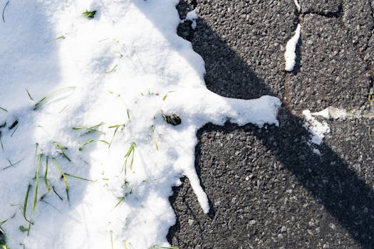 Close-up of melting snow on asphalt with grass in Sankt Anton am Arlberg.