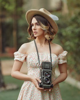 A fashionable woman in a summer dress and hat holding a vintage camera in a park setting.