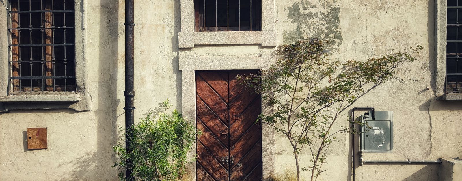Vintage Italian trattoria entrance with rustic wooden door and potted plants in Milan's urban scene.