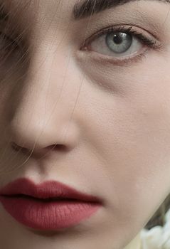 Striking close-up portrait emphasizing a woman's eyes and lips, showcasing beauty and detail.
