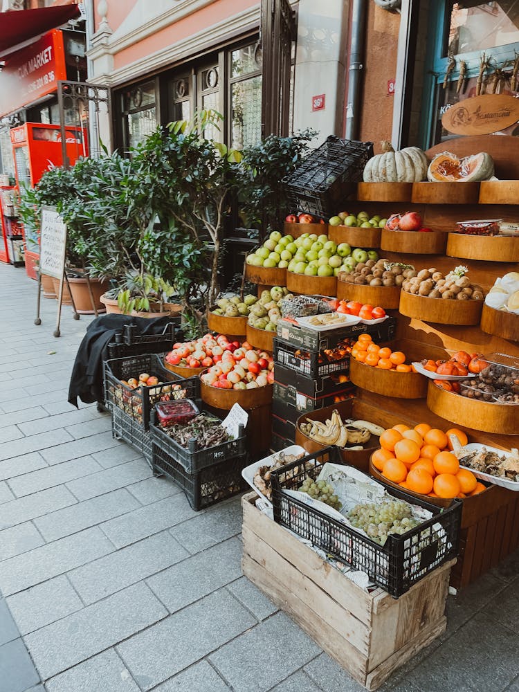 Assorted Fruits And Vegetables On A Stall